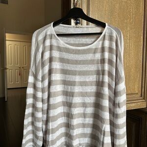 EILEEN FISHER Linen Light Weight Drop Shoulders Striped White/Tan Sweater Size L